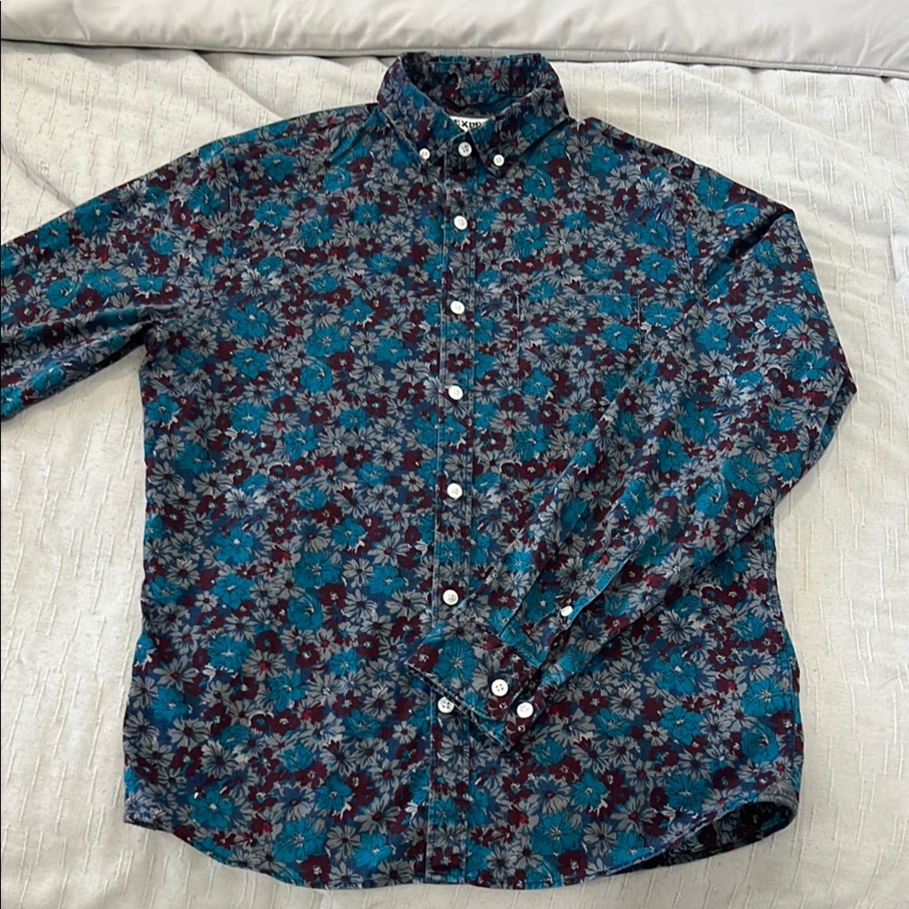 Floral Patterned Blue and Maroon Men's Shirt
